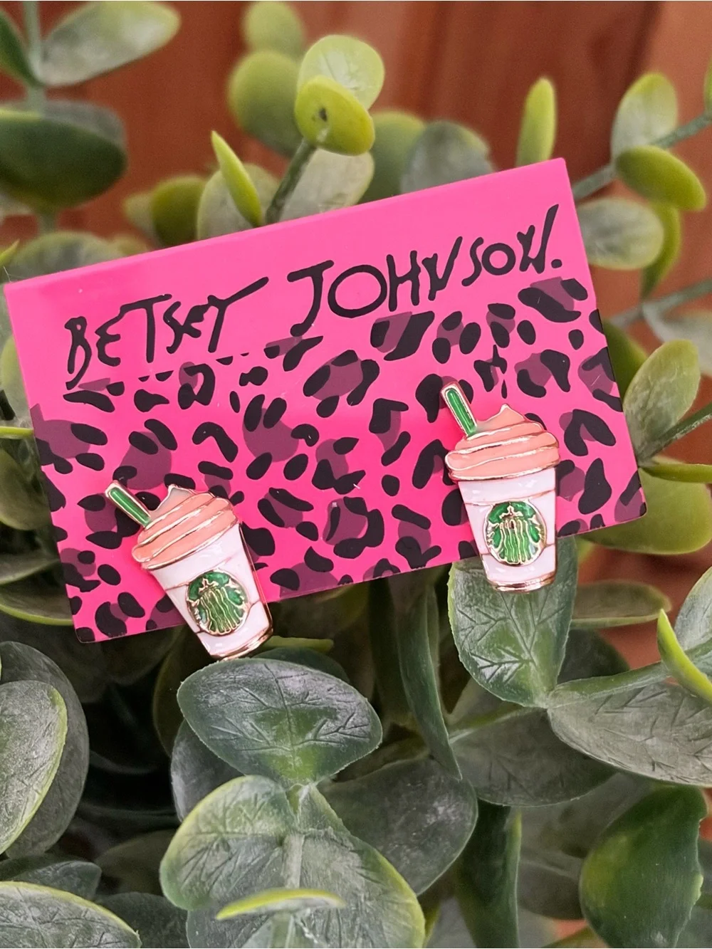 Betsey Johnson Starbucks Iced Coffee Cup Stud Earrings Pink Green